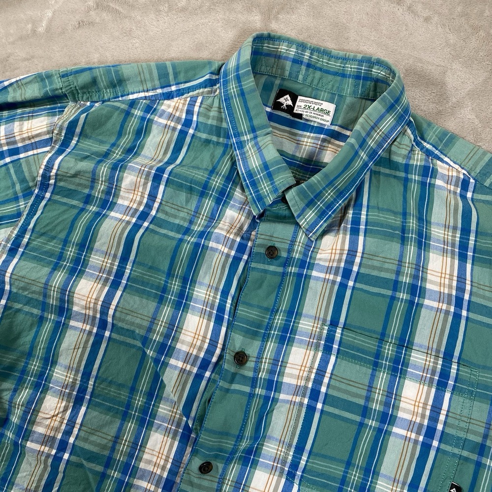 Lifted‎ Research Group Shirt Mens 2XL Blue Green Plaid Short Sleeve Button Down